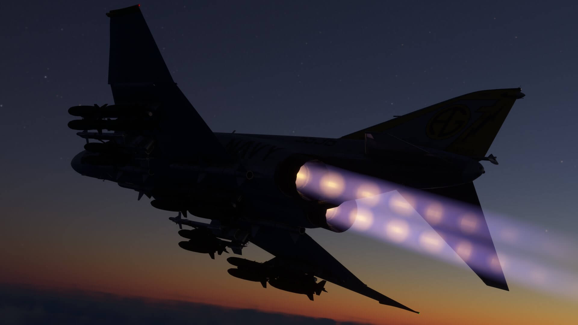 An F-4 Phantom with weapons loaded engages afterburner