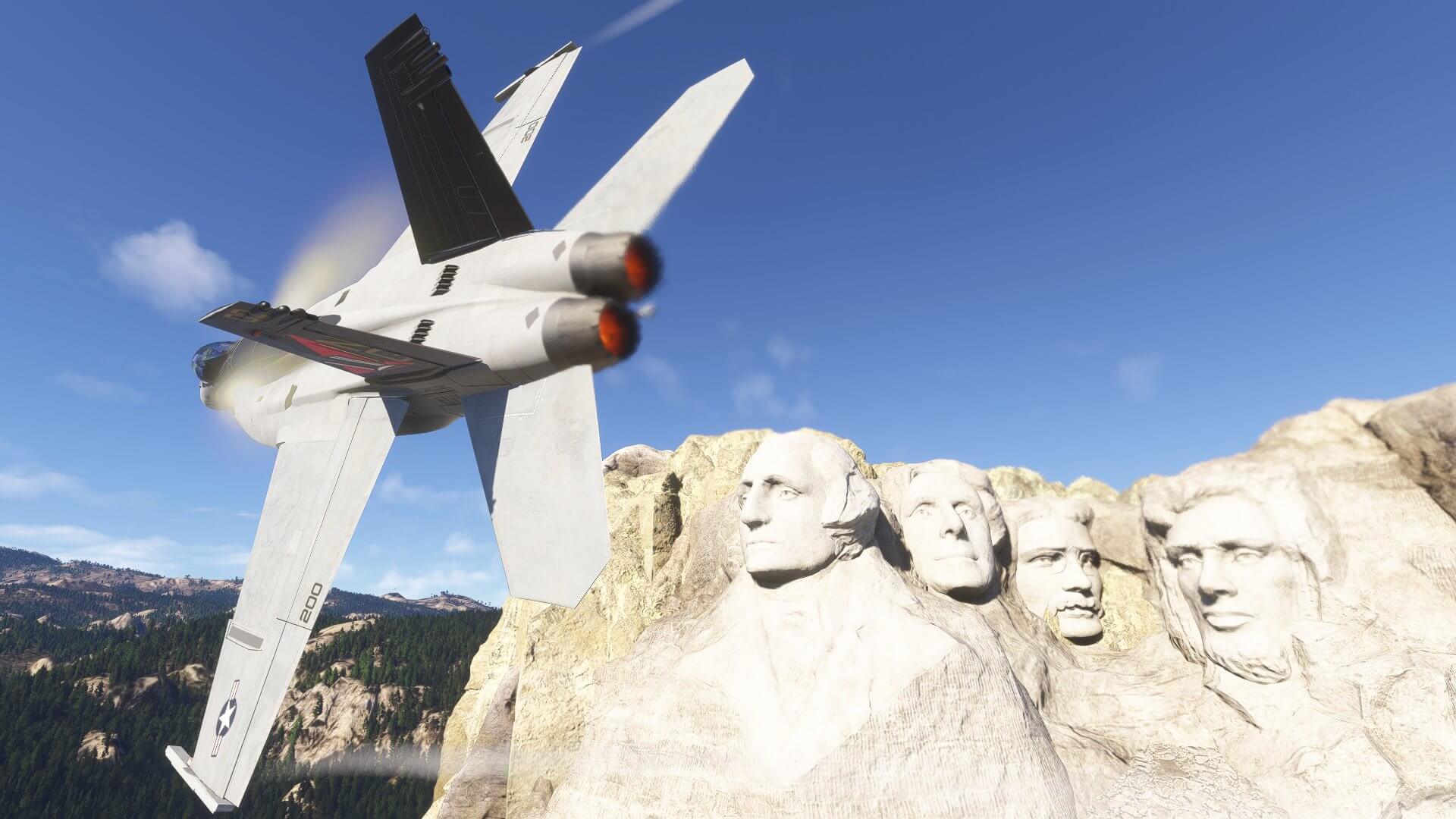 An F/A-18 Hornet flies close to Mount Rushmore