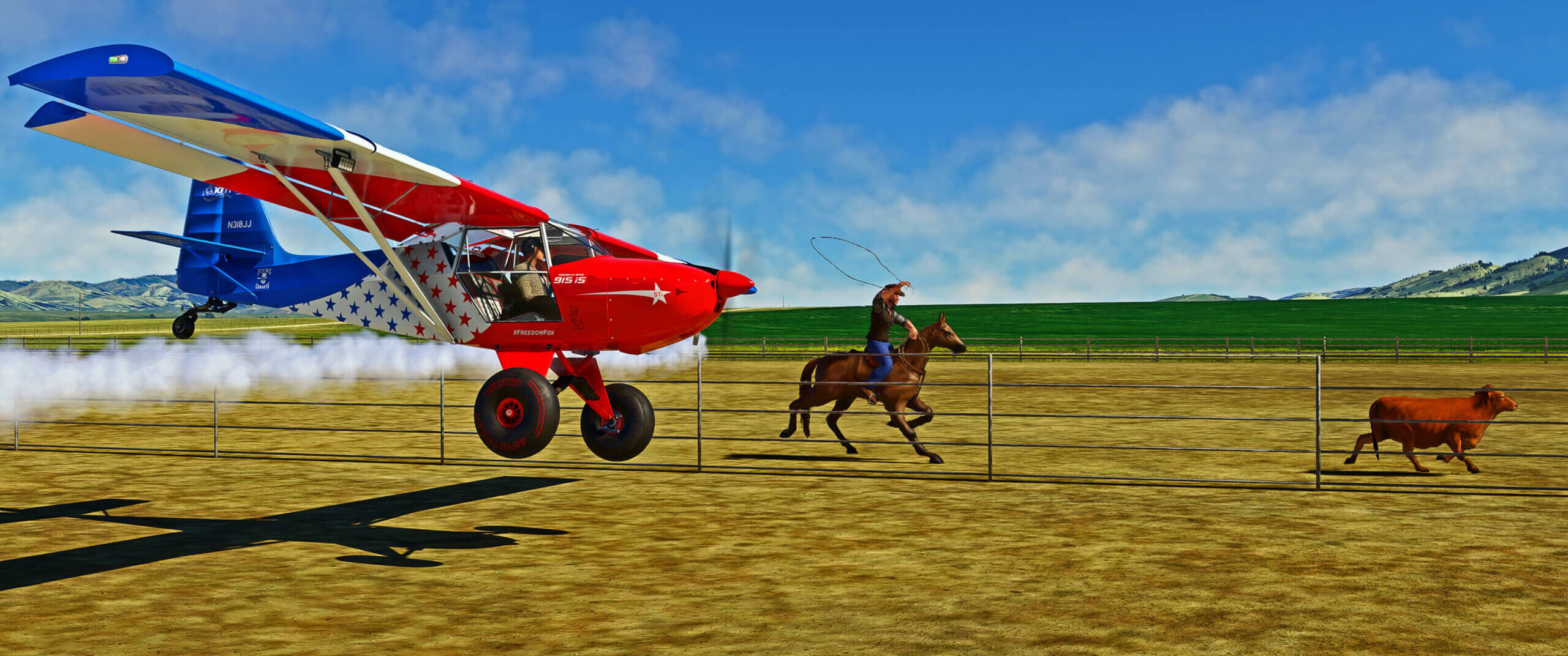 A Freedom Fox aircraft flies at low level next to a Cowboy on horseback