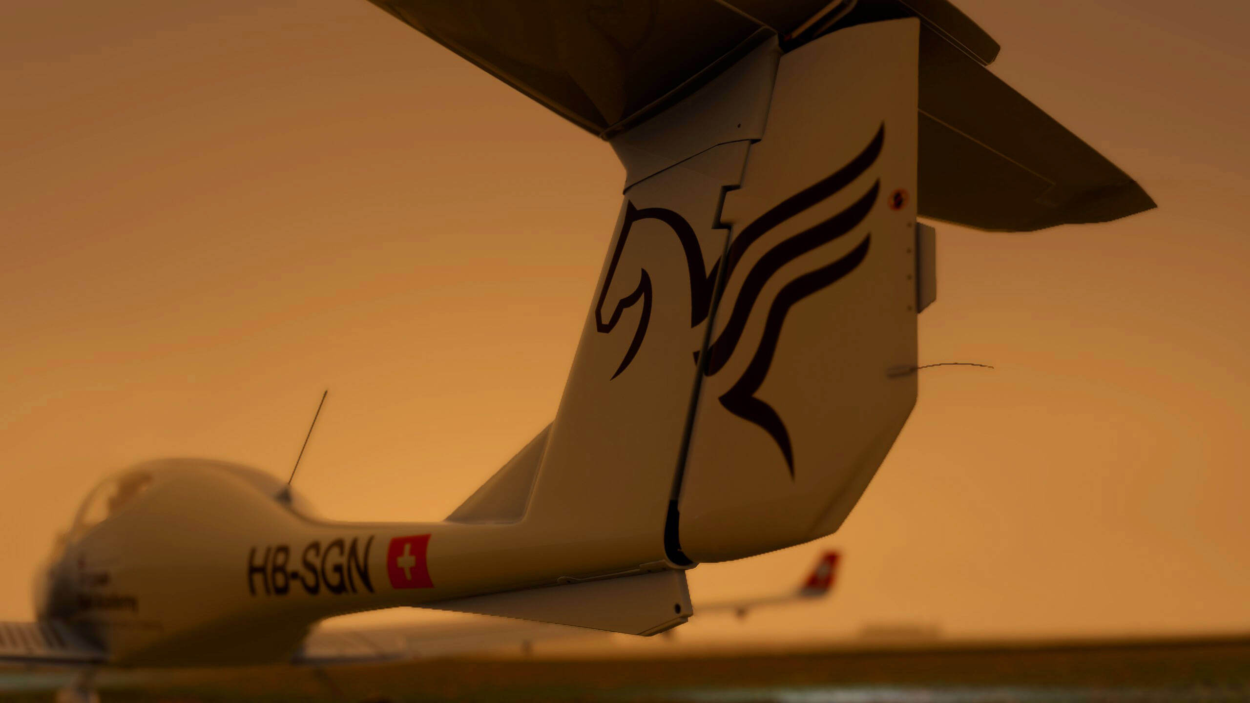 A light aircraft with a black horse livery painted on the tail