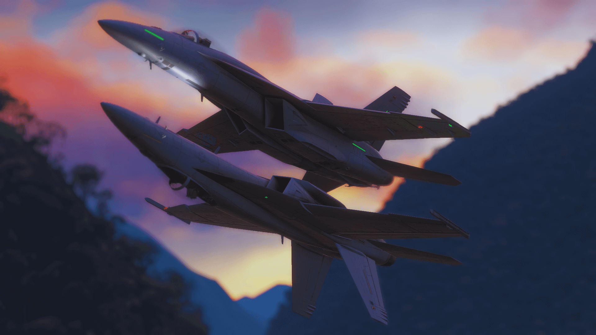 Two F/A-18 Hornets fly inverted to one another in very close formation