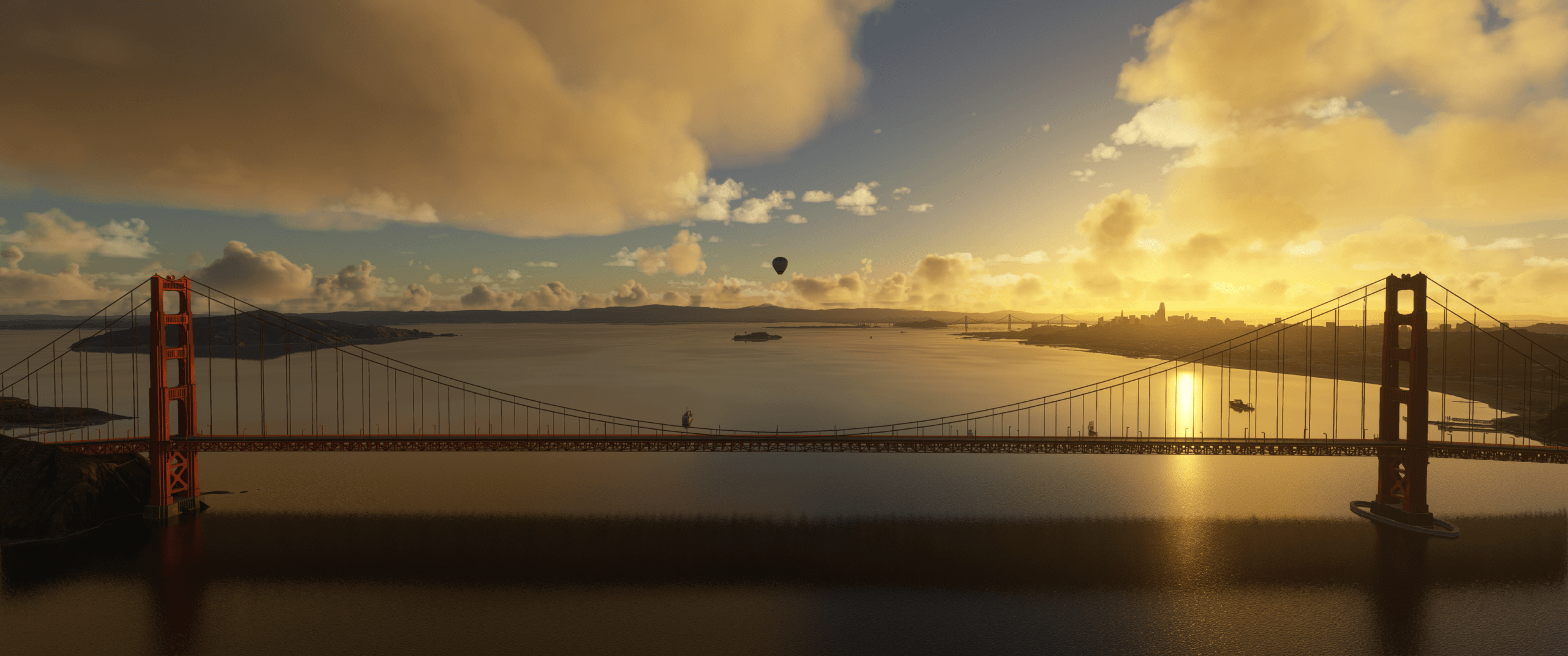 A hot air balloon flies near the Golden Gate Bridge, San Francisco