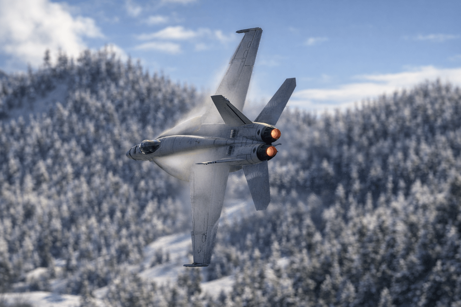 An F/A-18 Hornet banks to the left with afterburners engaged