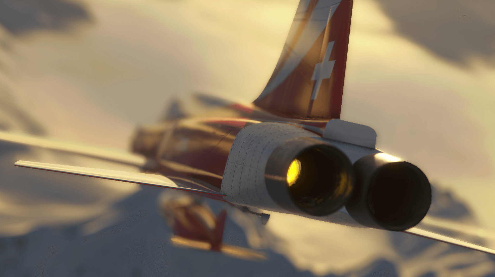 A red and white fighter jet with afterburners engaged