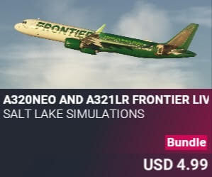 A320NEO and A321LR Frontier Livery Mega Pack by Salt Lake Simulations. USD $4.99