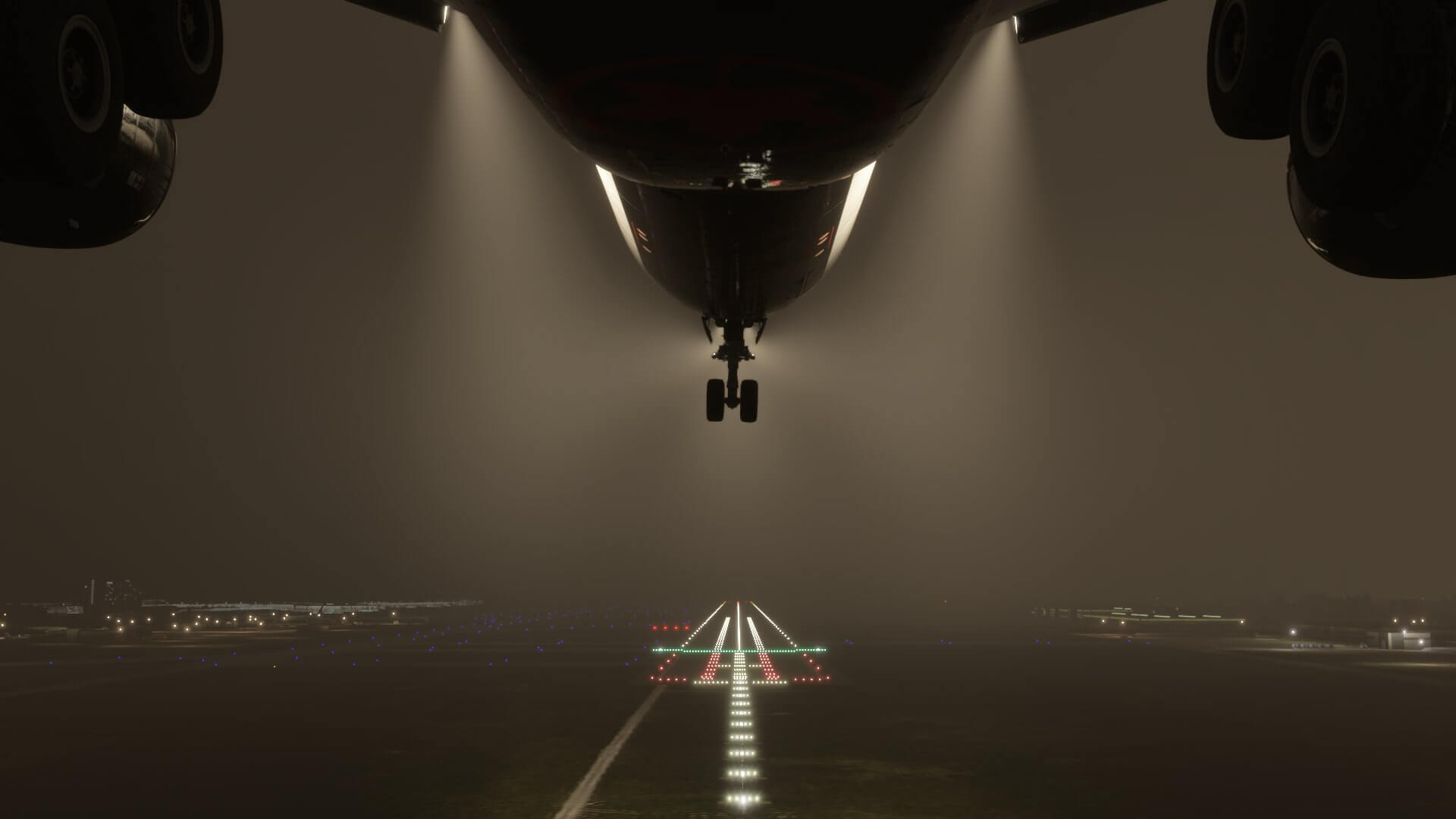 The view from the belly of an airliner landing during low visibility conditions at night