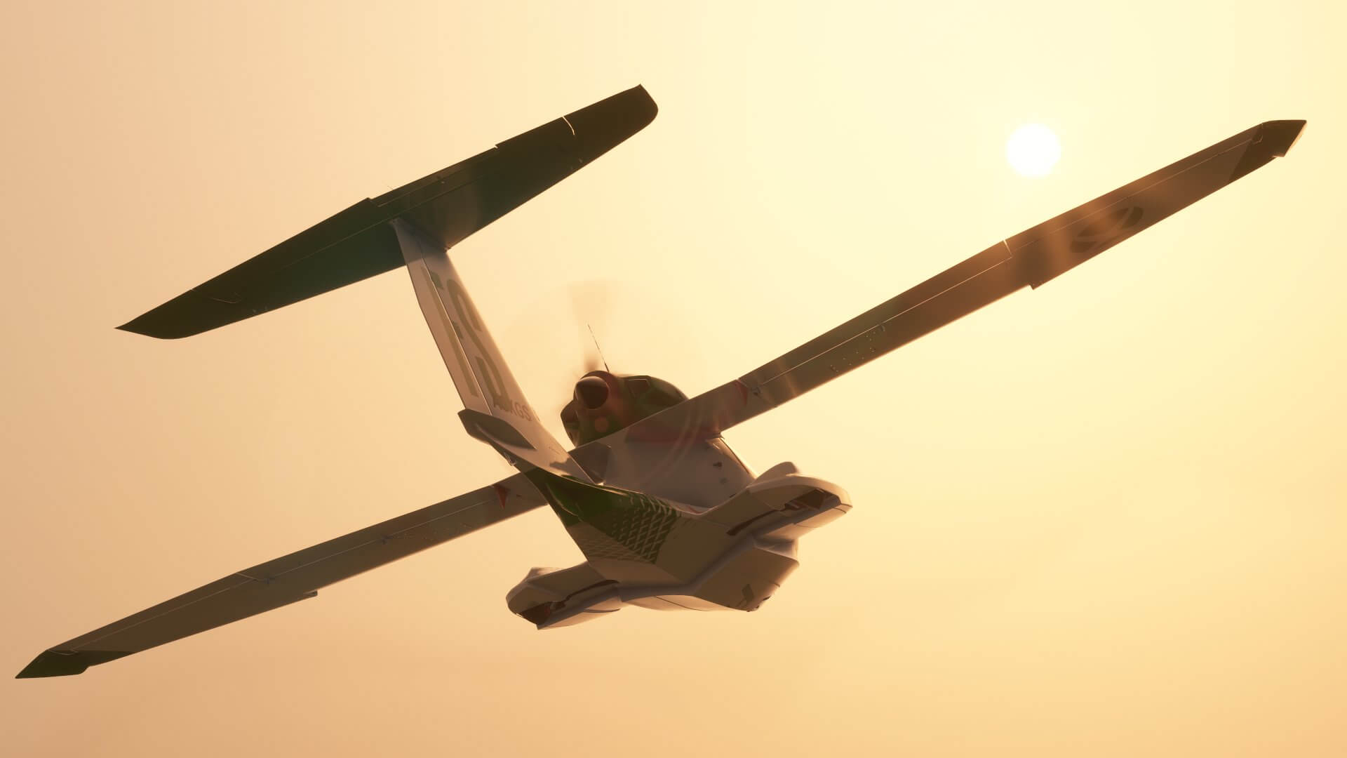 An Icon A5 flies in low visibility with the sun in front