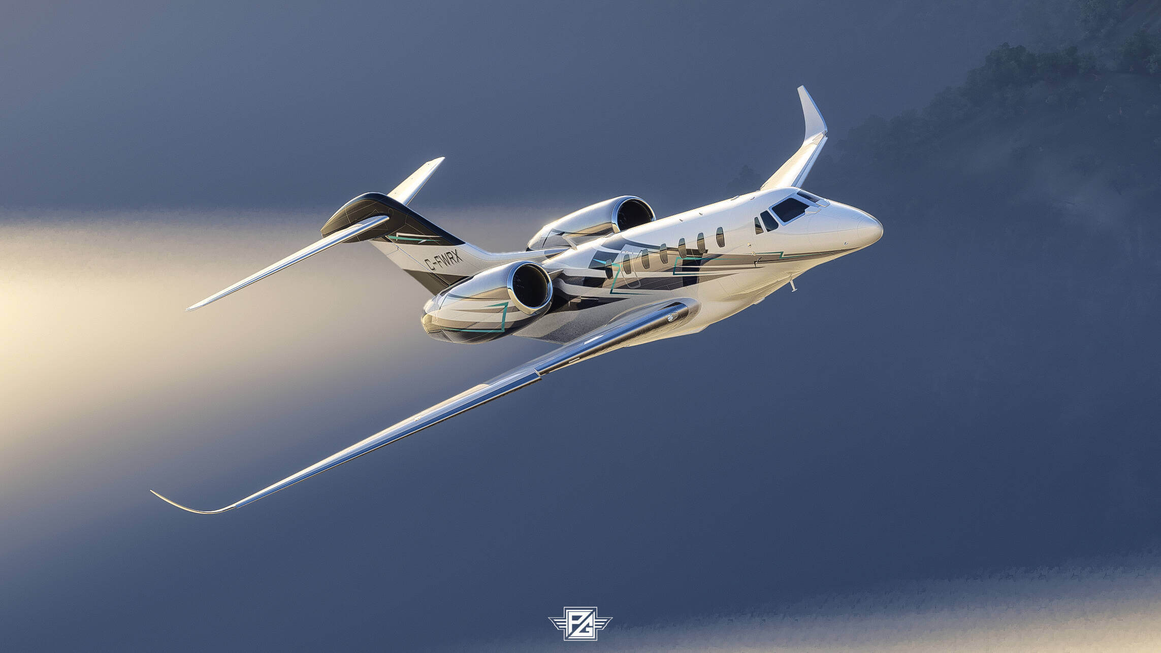 A business jet banks to the right while flying through fog