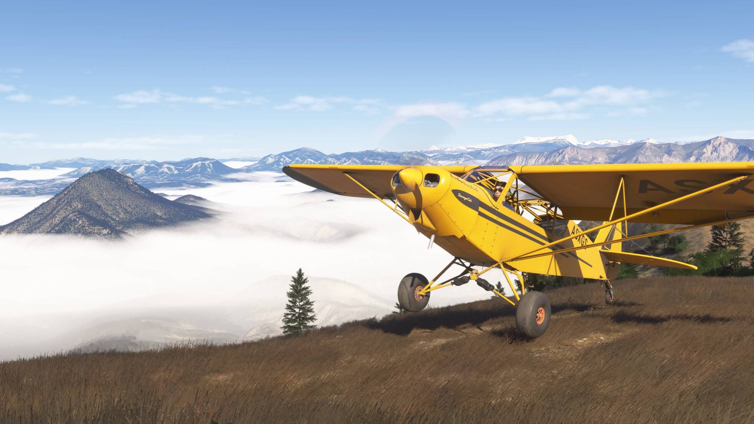 A Savage Cub landing on a hill with thick clouds in the valley below