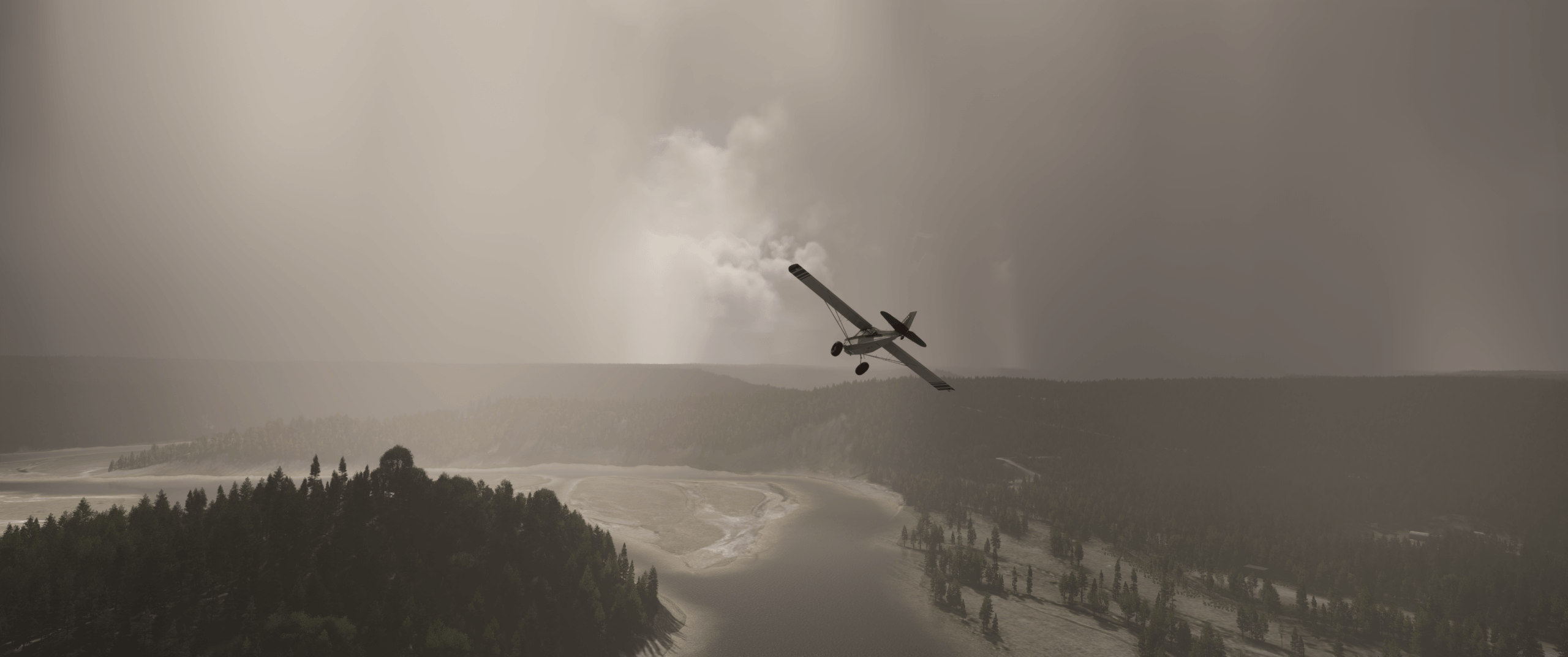 A high wing propeller aircraft flies through a river bend
