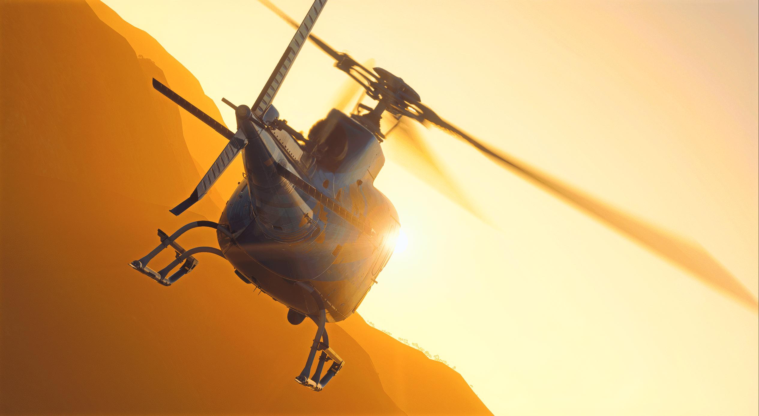 A helicopter flies directly towards the sun during golden hour