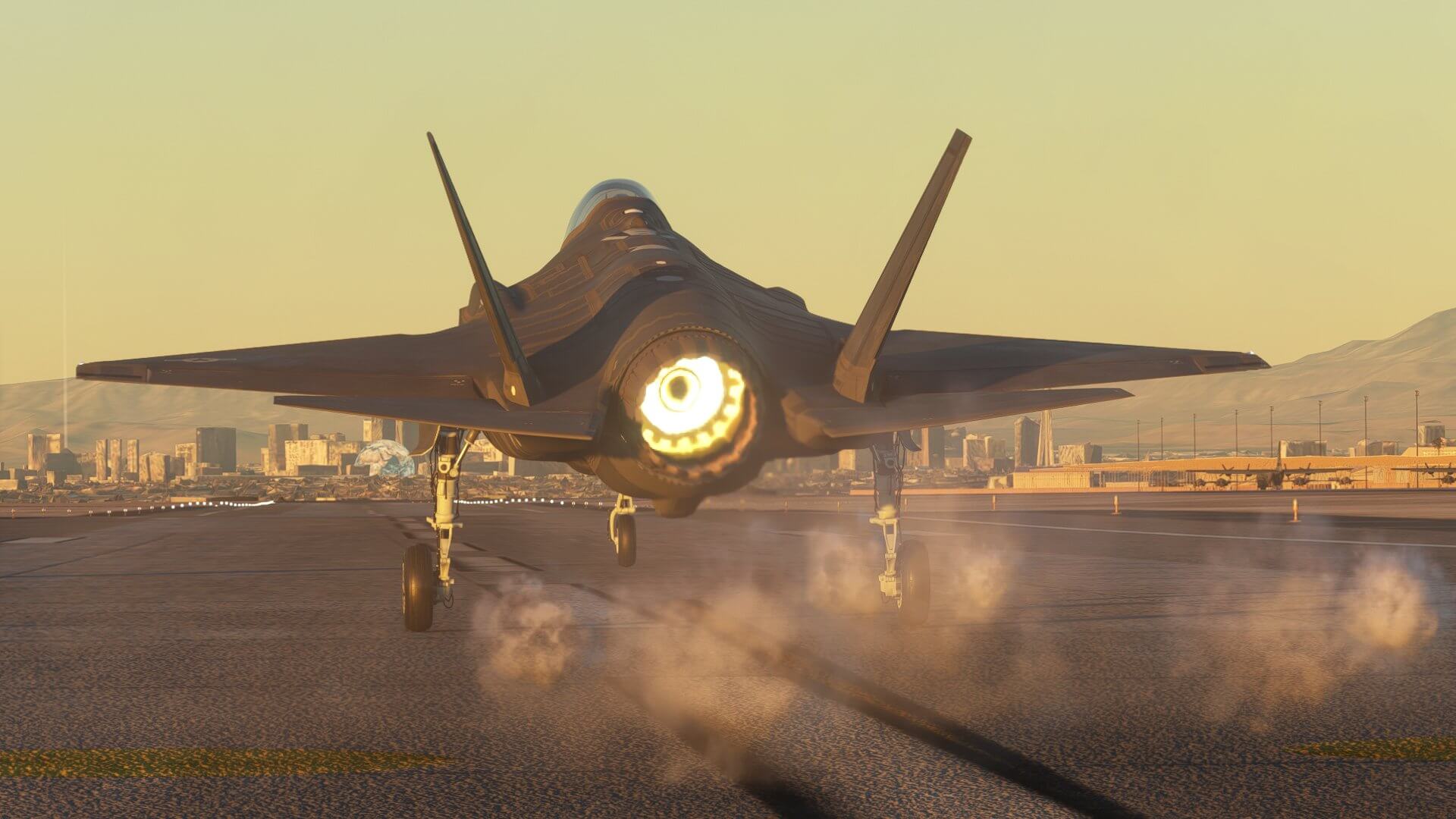 An F-35 with afterburner engaged at Las Vegas
