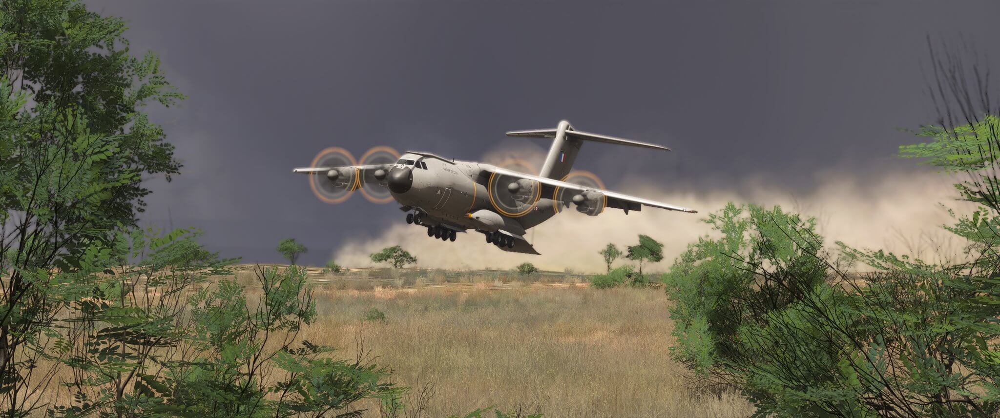 An A400M takes off from a dirty strip runway