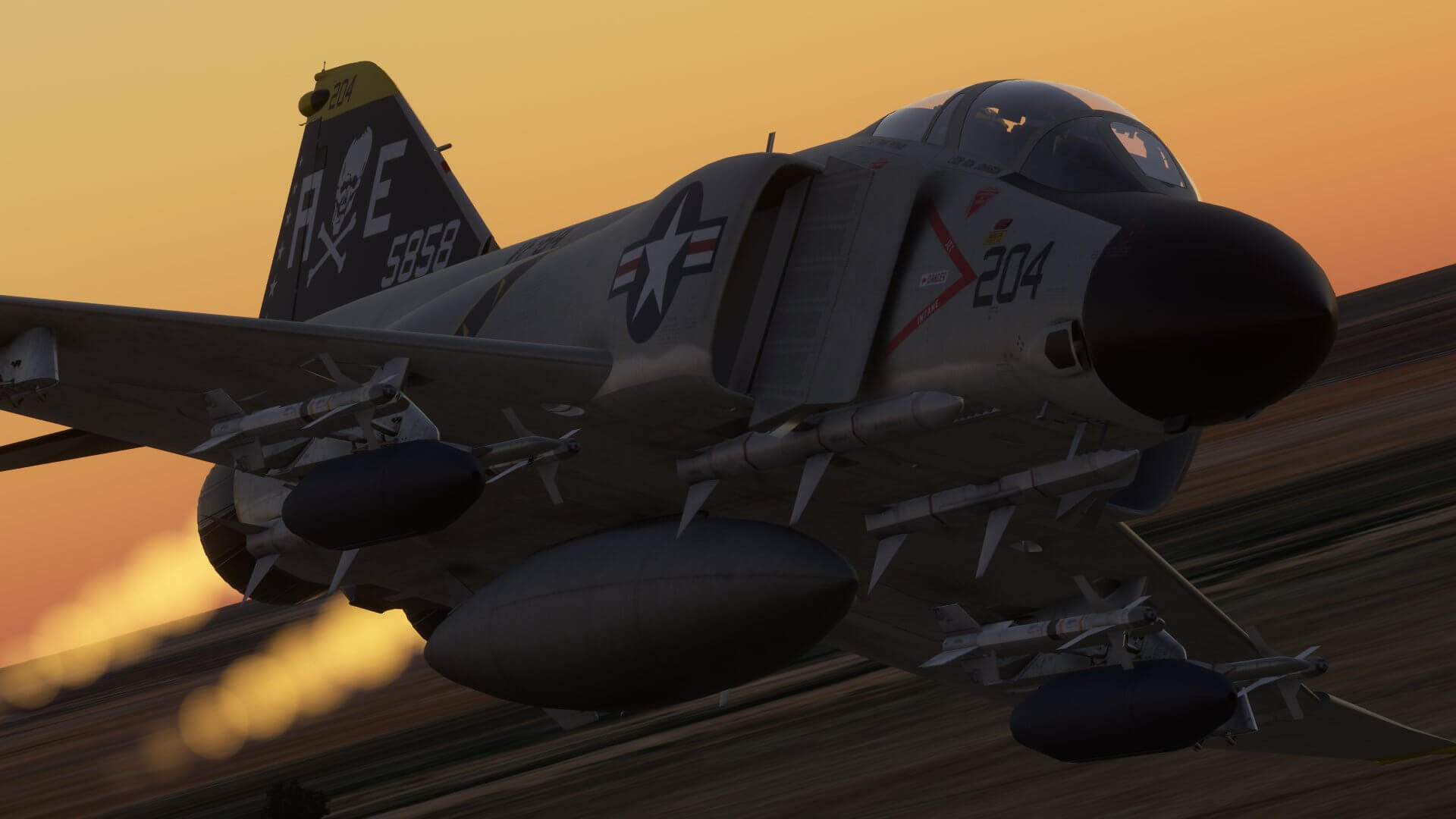 An F-4 Phantom with afterburners on banks sharply to the left