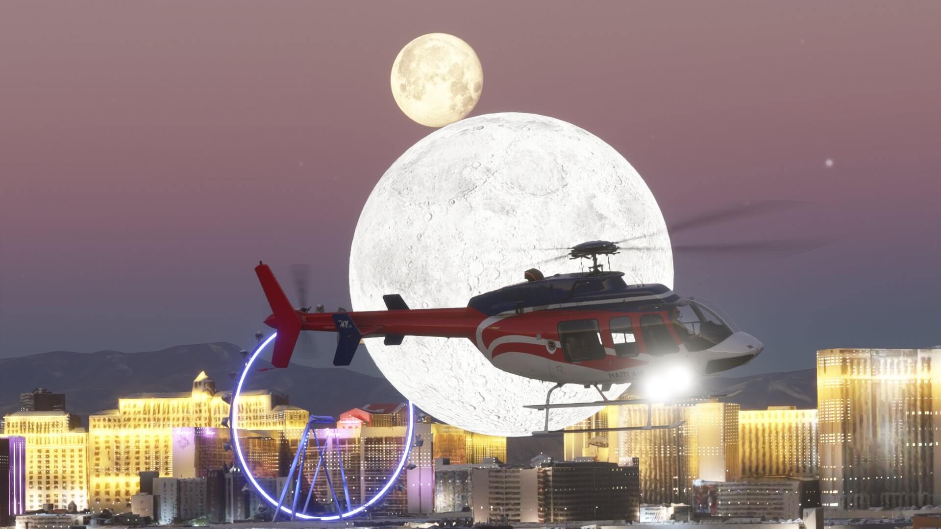 A Bell 407 helicopter at Las Vegas with the moon in view