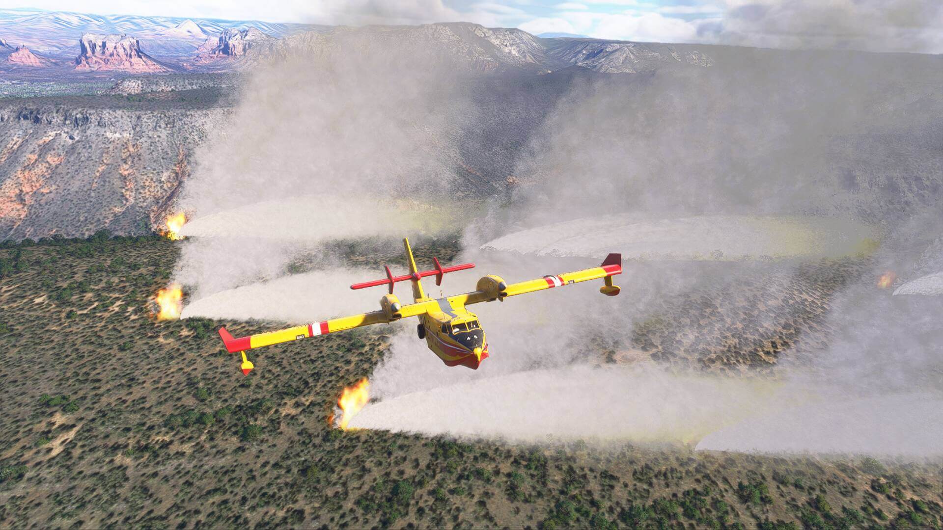 A CL415 firefighting aircraft flies over a forest fire