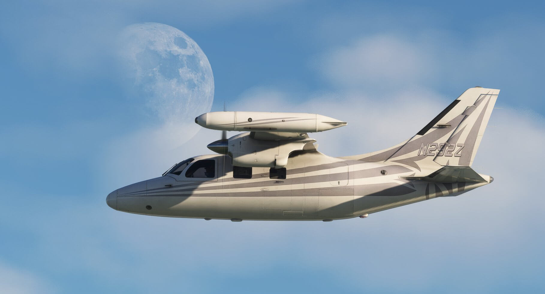 A high-wing propeller aircraft cruises with the moon in view behind