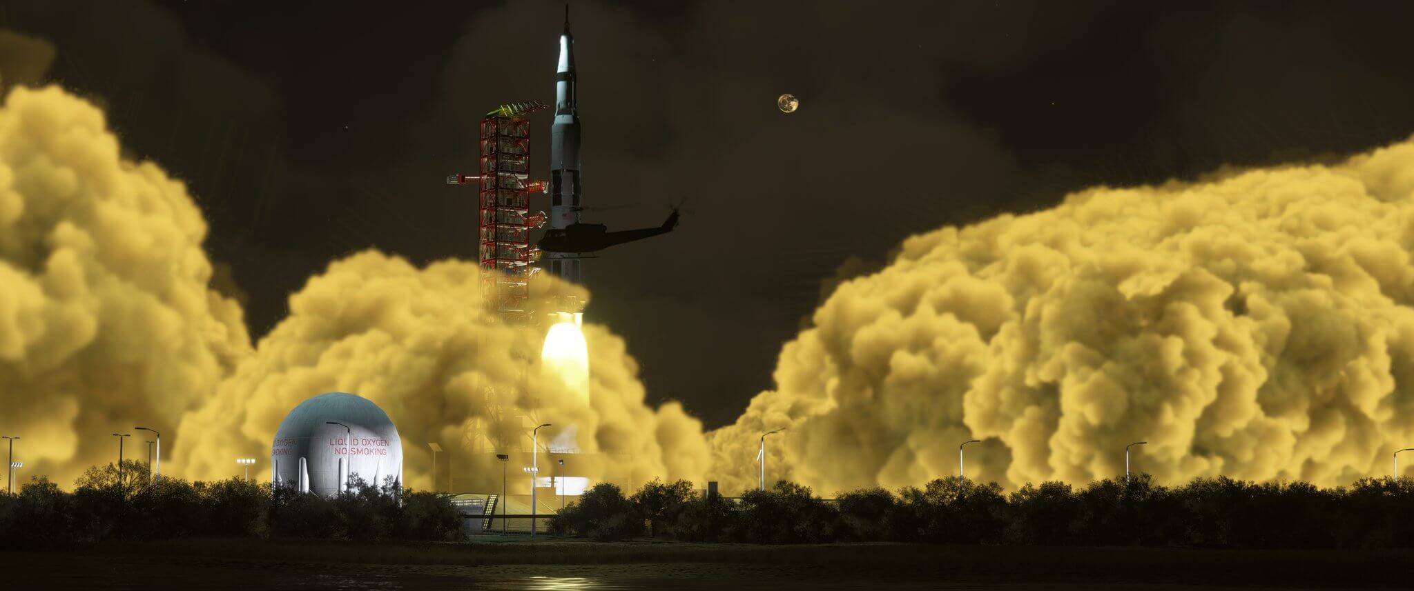 A Saturn V rocket lifts off with a Huey helicopter nearby