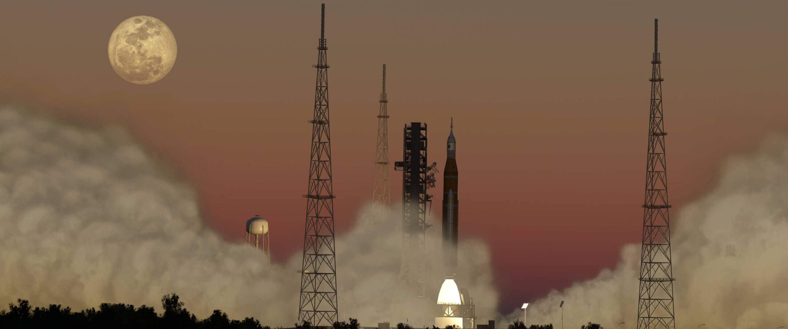 The NASA Artemis II rocket blasts off from the Kennedy Space Center with the moon in view behind