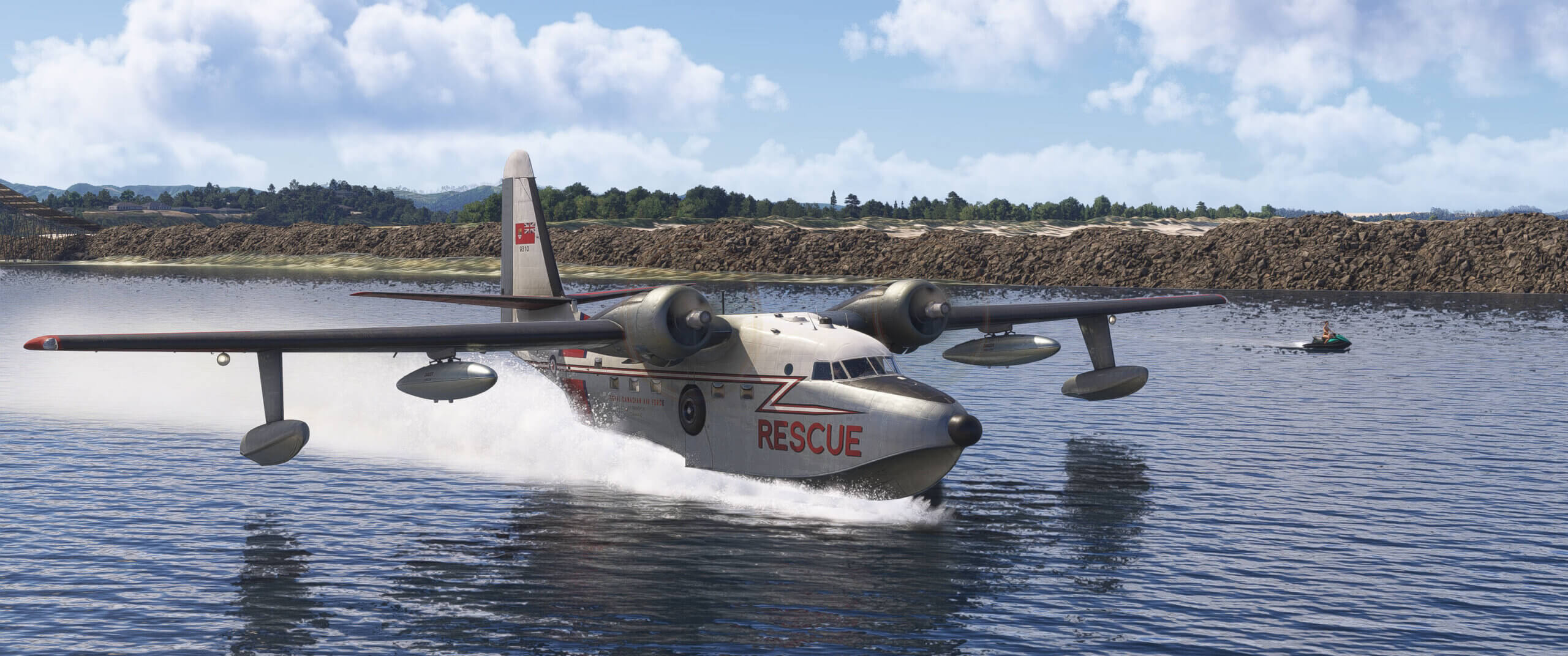 A water plane creates waves as it glides across water