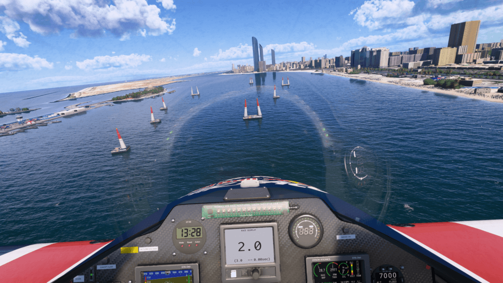 A pilot competes in a Red Bull Air Race in VR mode.