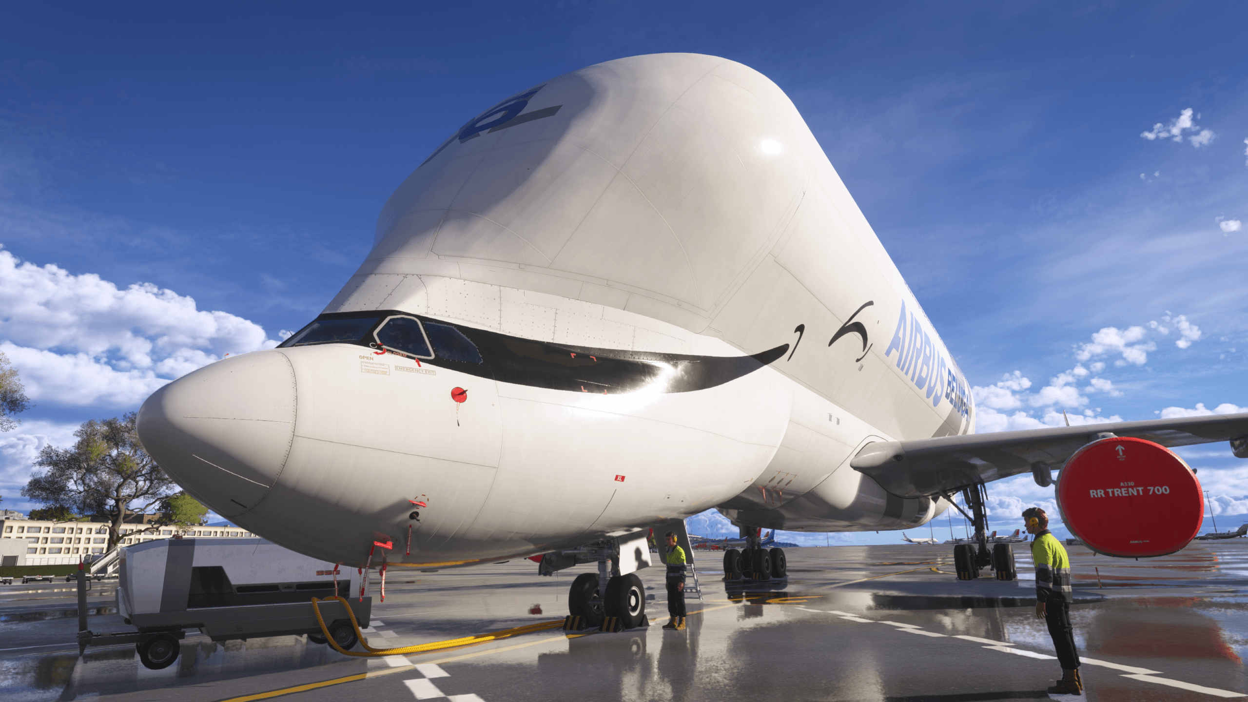 An Airbus Beluga XL parked on the ramp.