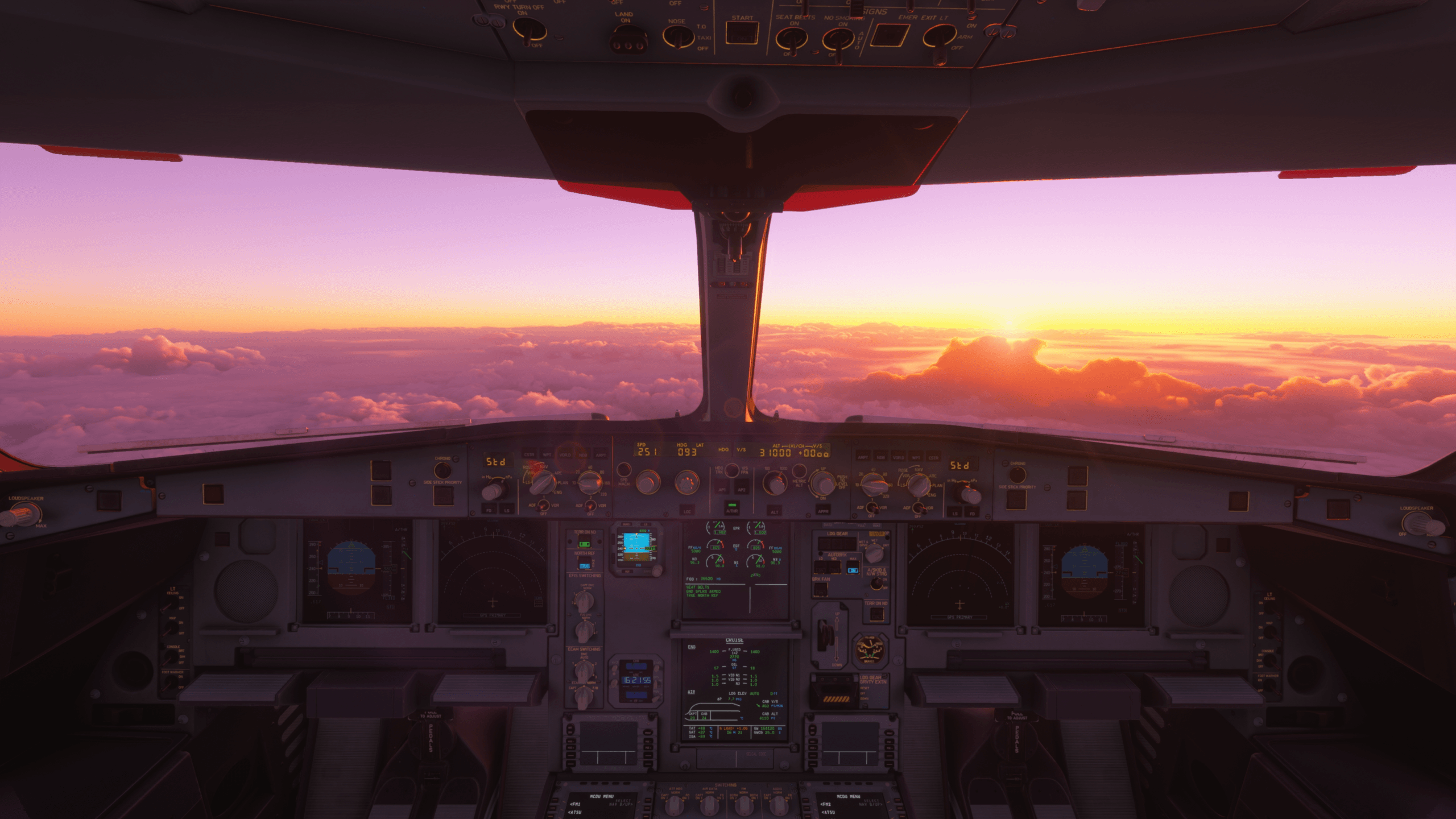 The view from the flight deck of an airliner.