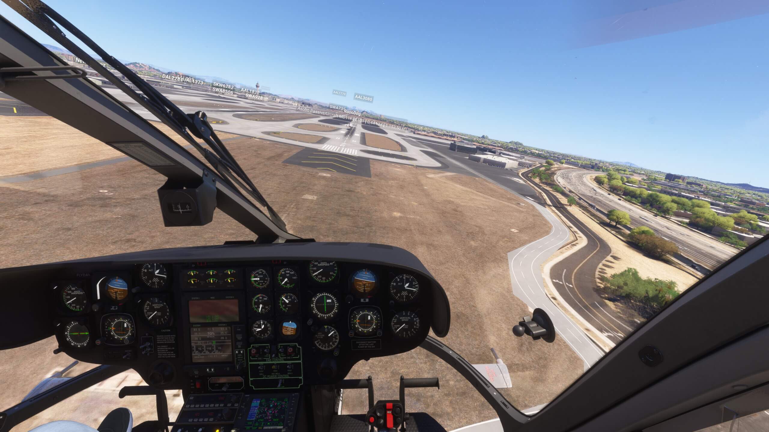 An EC135 helicopter on final approach to land