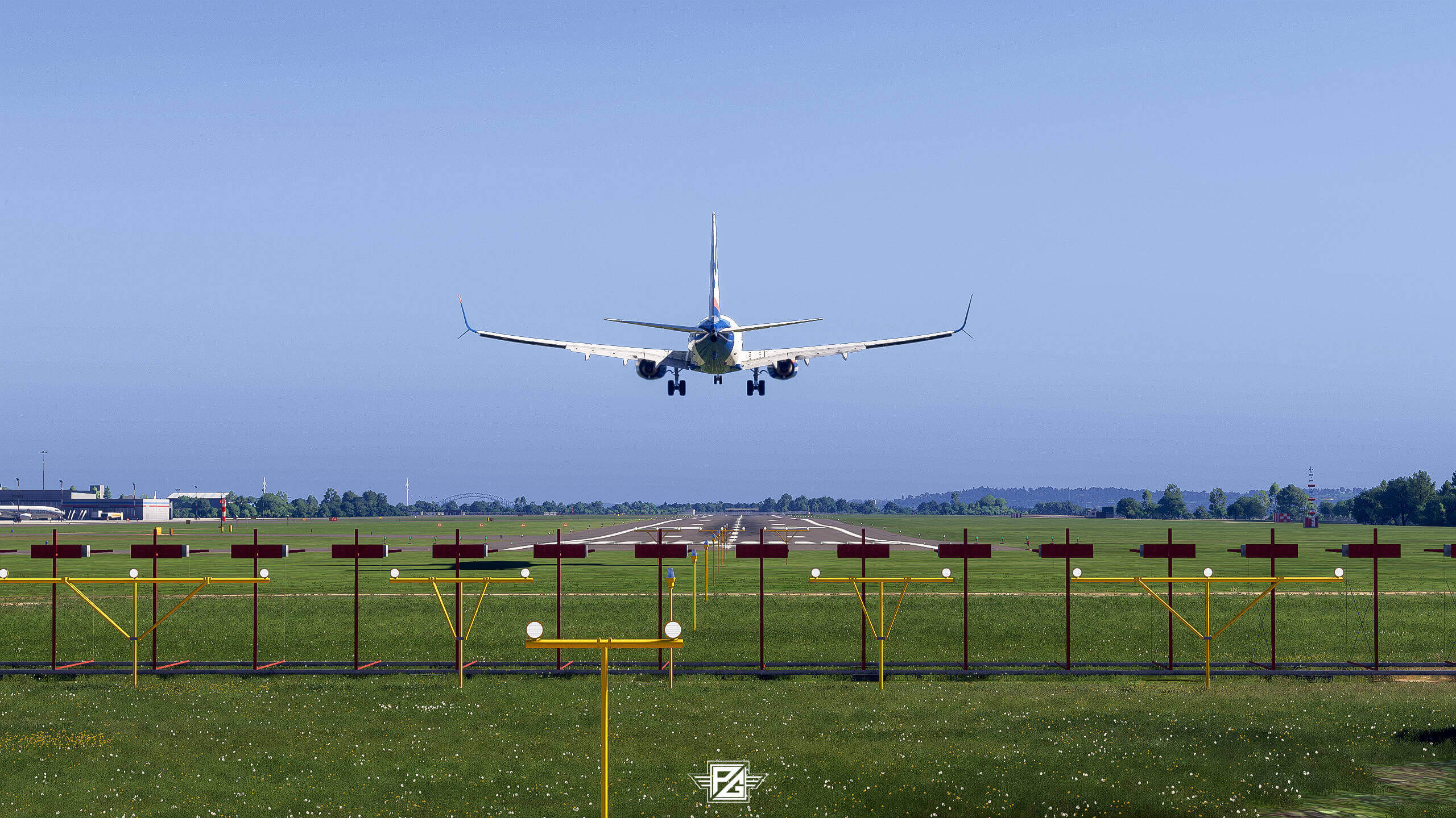 A Boeing 737 on short final to land at an airport
