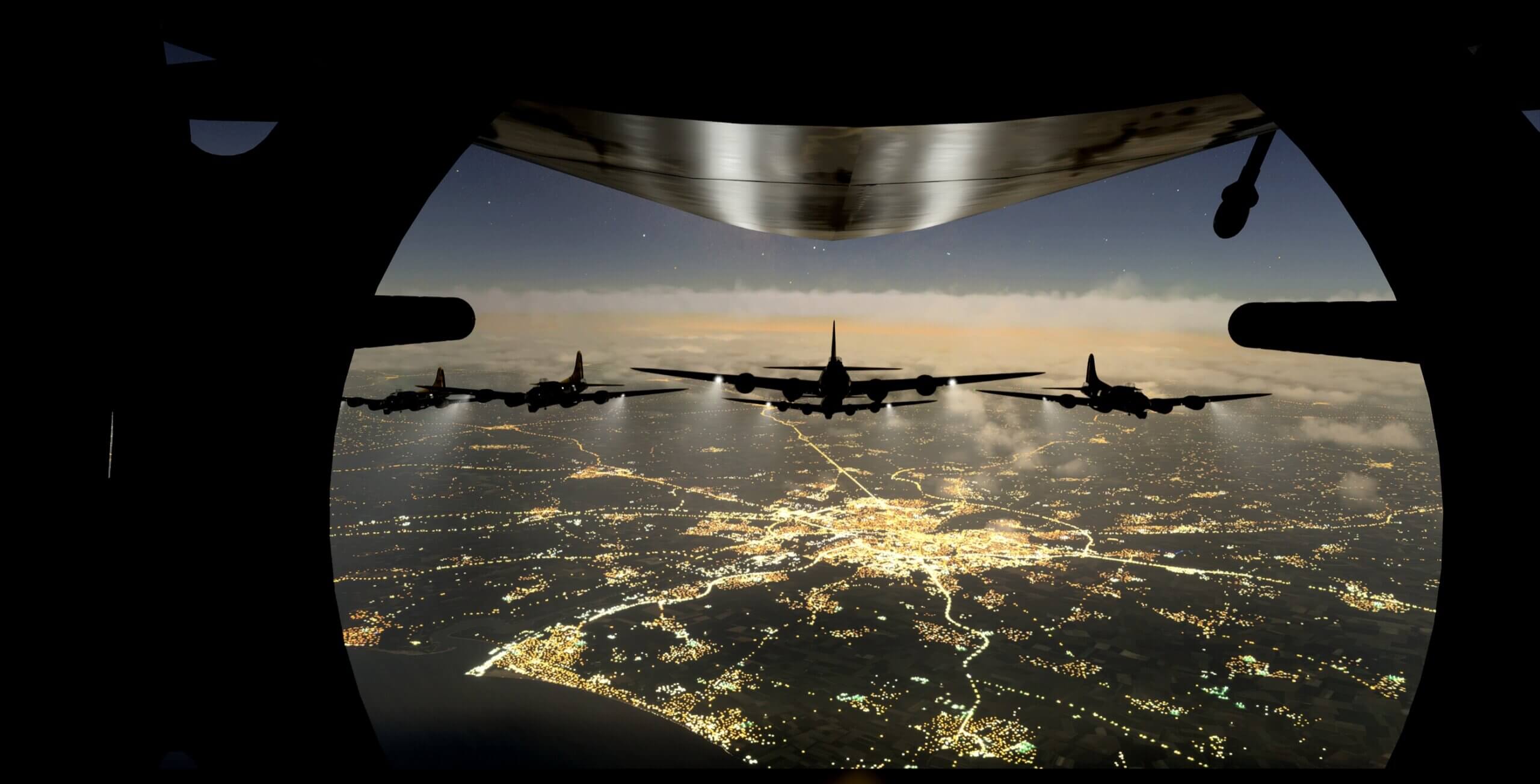 A fleet of B-17 Fortress aircraft cruising at night above a city