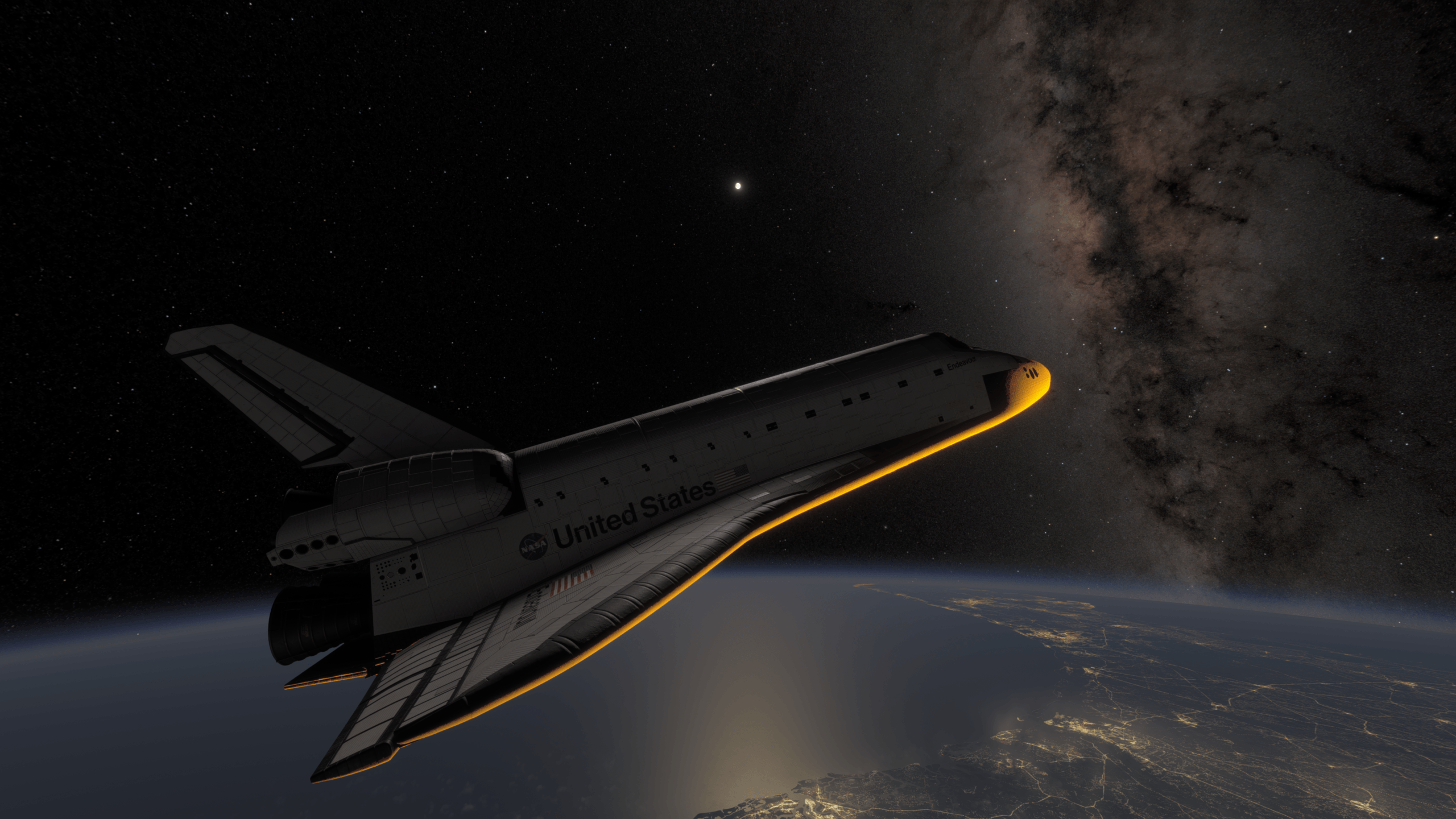 Space Shuttle Endeavour at high altitude with the Milky Way lighting the sky