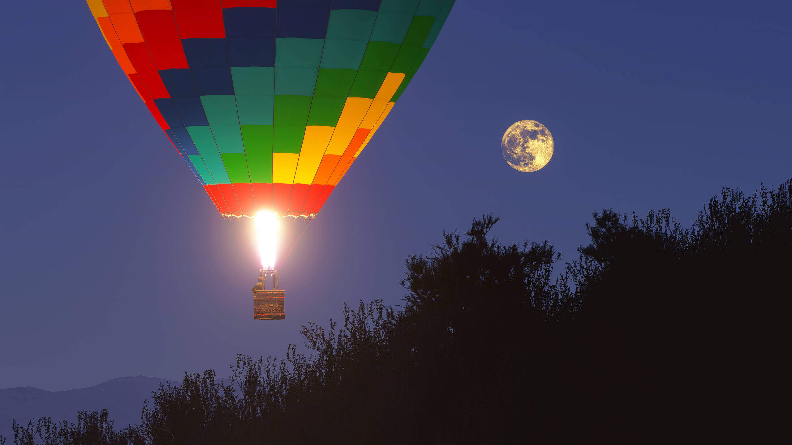 A Hot Air Balloon flies near trees with the moon in view behind