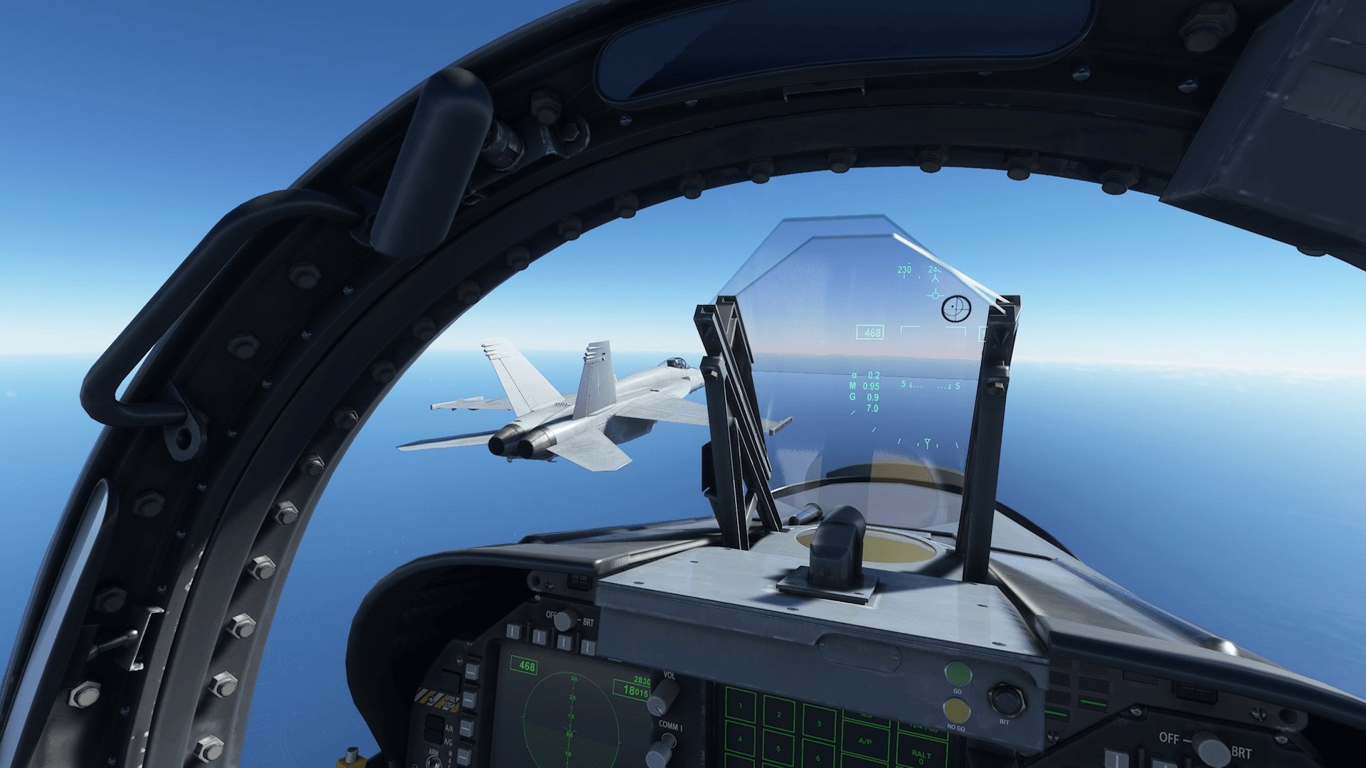 A cockpit view from an F/A-18 Hornet in close formation with its lead aircraft