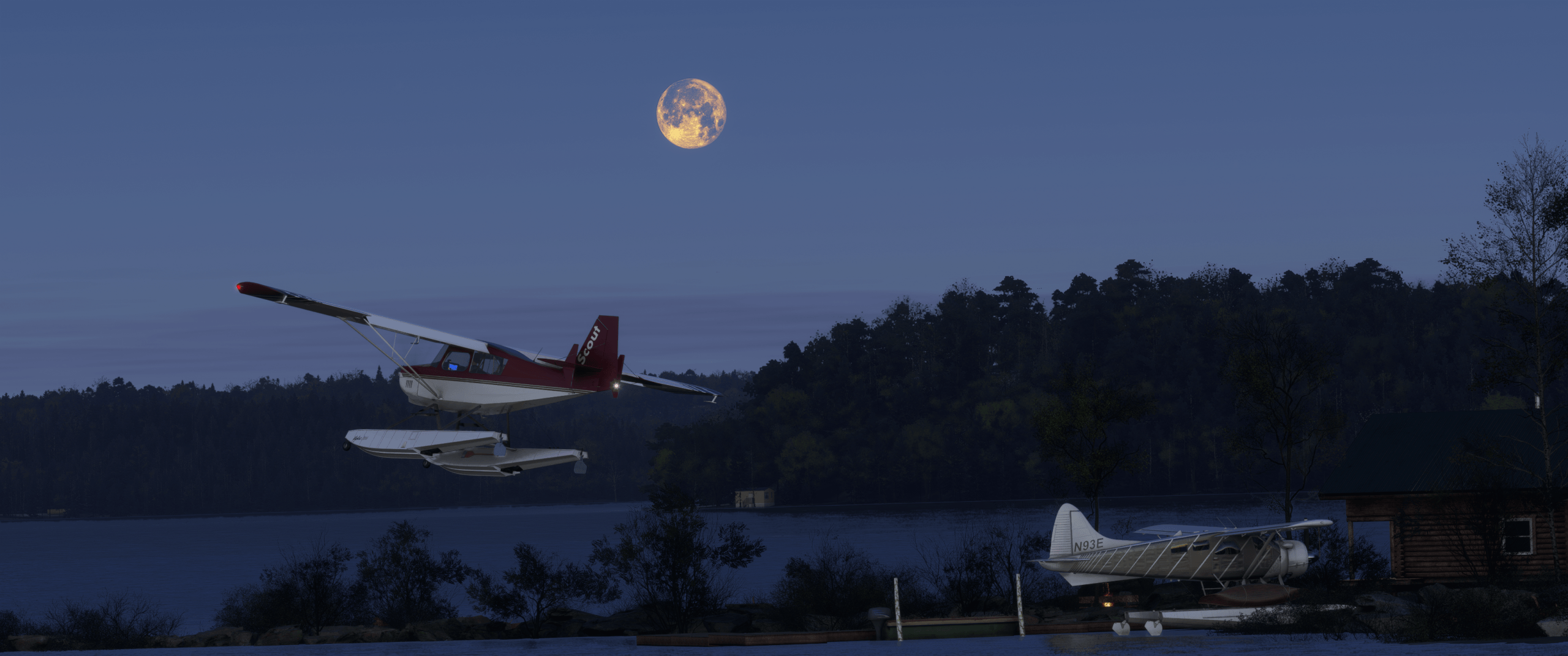 A high wing propeller aircraft flies low to water with the moon in view behind
