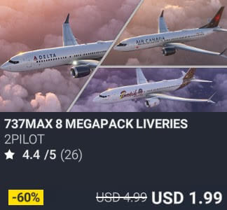 737MAX 8 MEGAPACK LIVERIES by 2PILOT. USD $4.99 (on sale for 1.99)