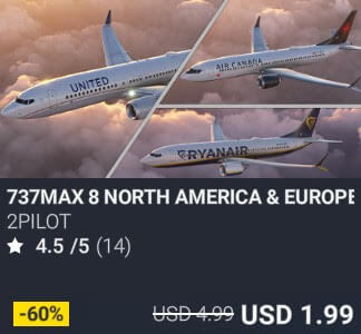 737MAX 8 NORTH AMERICA & EUROPE LIVERIES by 2PILOT. USD $4.99 (on sale for 1.99)