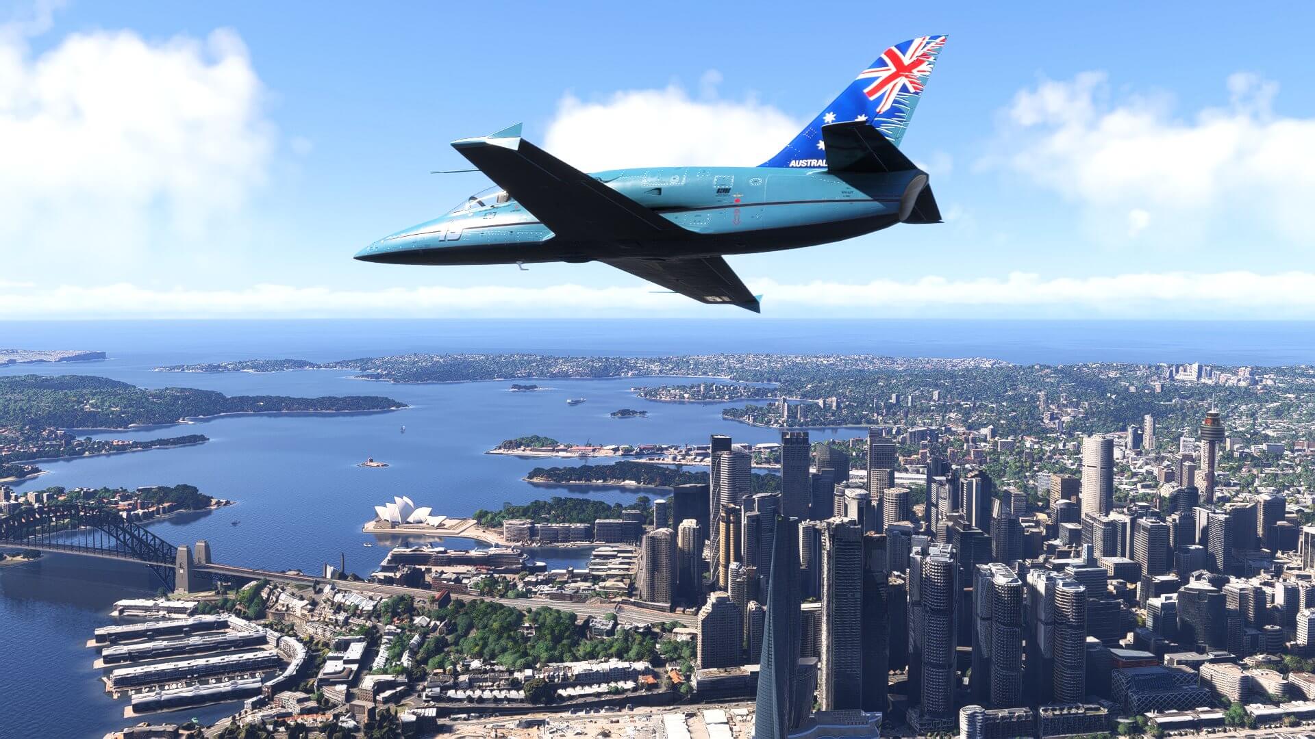 A blue Australian themed L39 flies over the city of Sydney