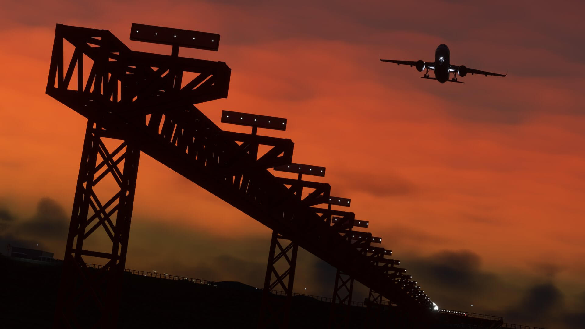 An Airbus airliner on final approach to land over the leading lights of a runway