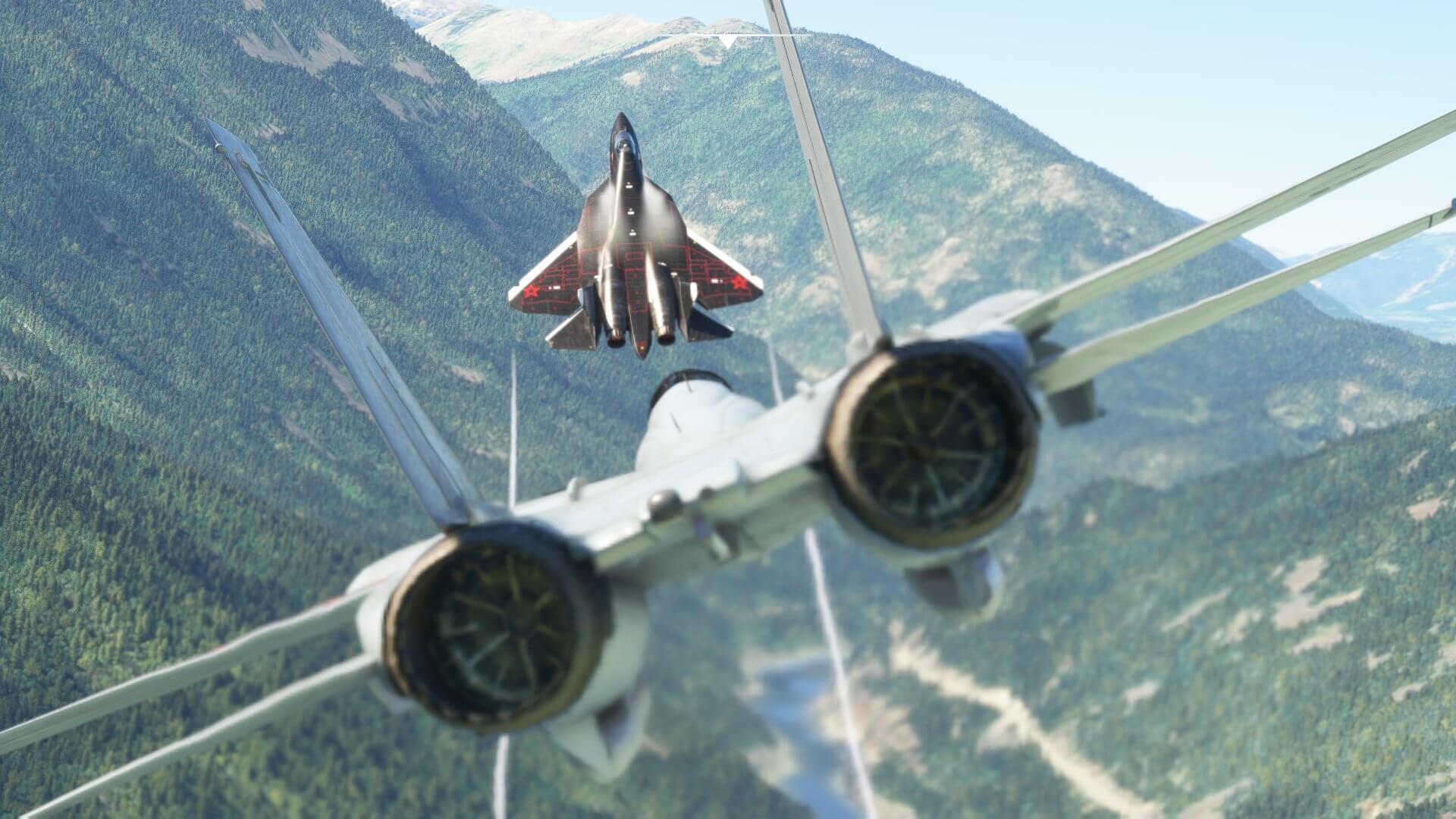 A black painted fighter aircraft pulls up steeply with another following closely behind