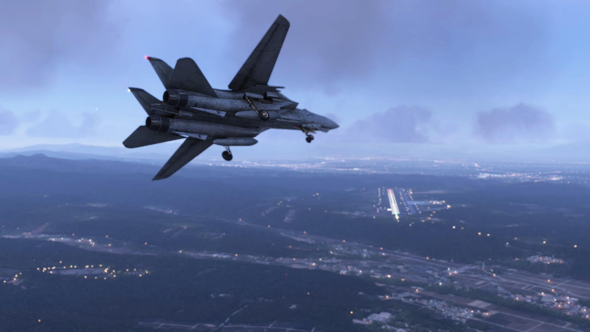 A fighter aircraft banks left sharply to line up with a runway