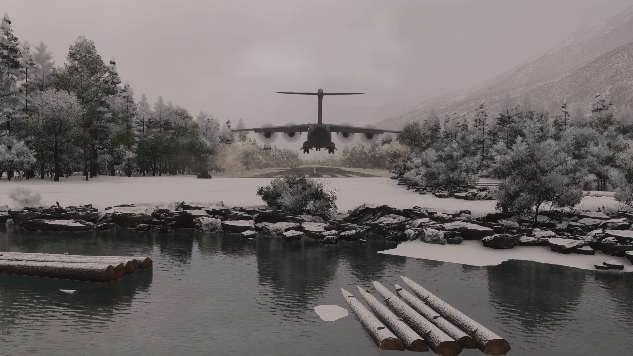 An Airbus A400M lands on a snowy runway in a valley