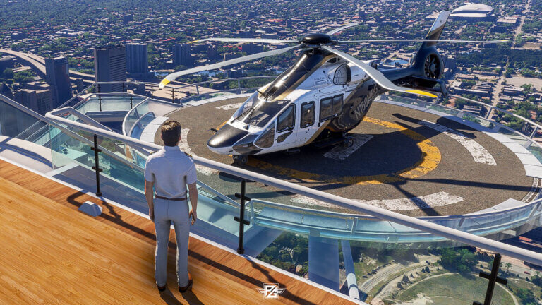 A pilot looks over at an H160 helicopter on a high landing pad