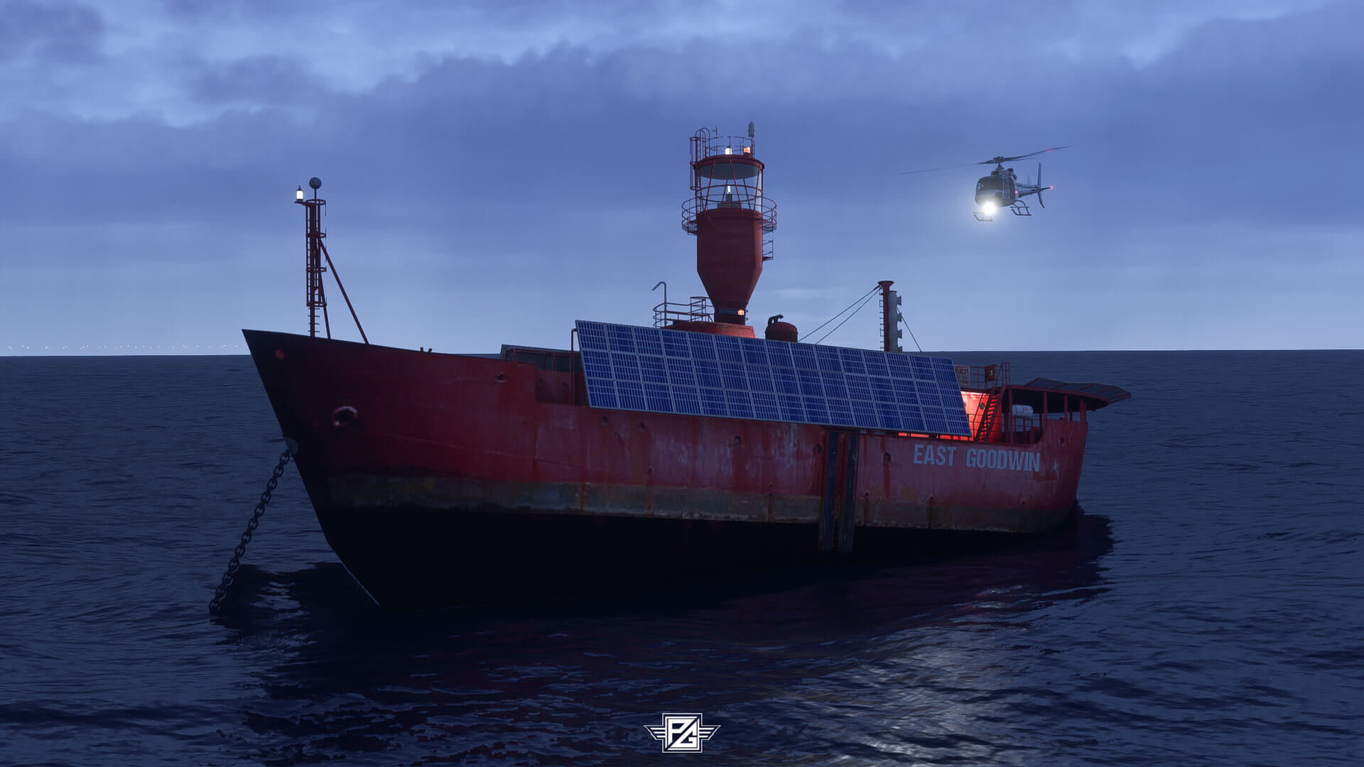 A helicopter approaches a barge on unsteady water