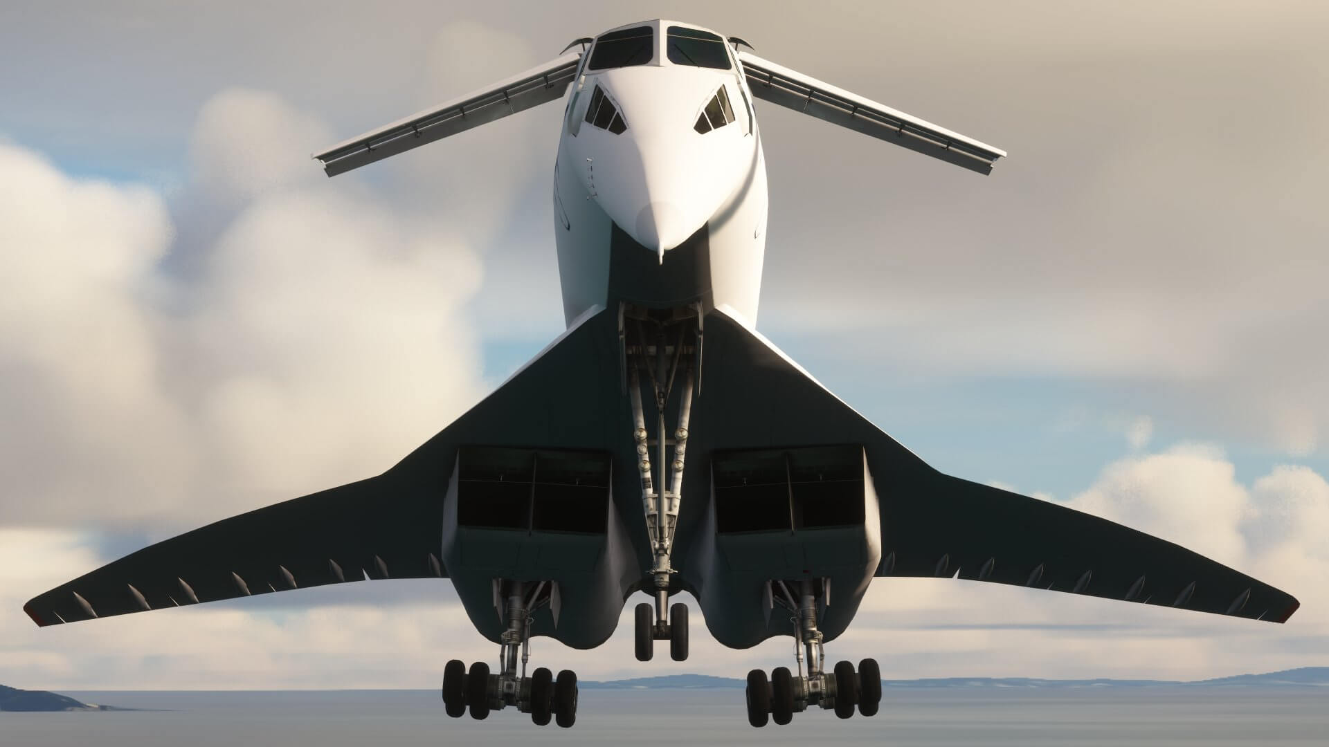 A delta wing airliner pitches up with landing gear down