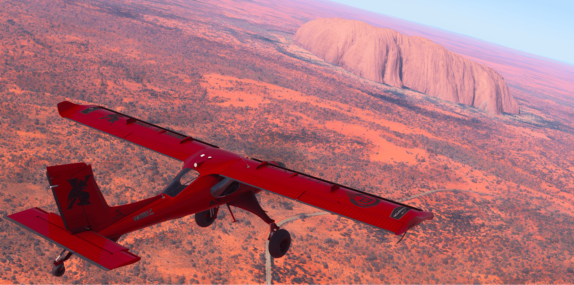 A red Draco X flies towards Ayers rock, Australia
