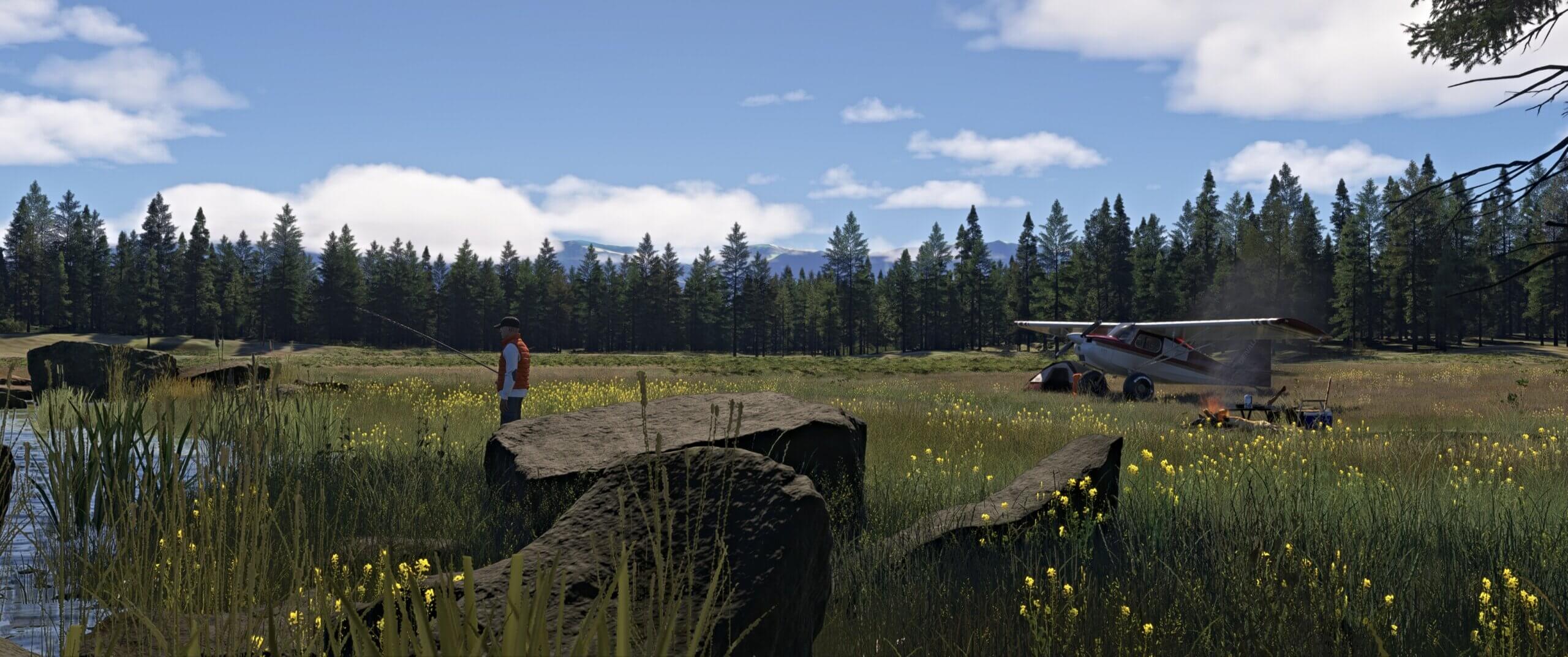 A Cessna 185 Skywagon parked on a grass field with camp site next to it, as the pilot fishes in the lake nearby