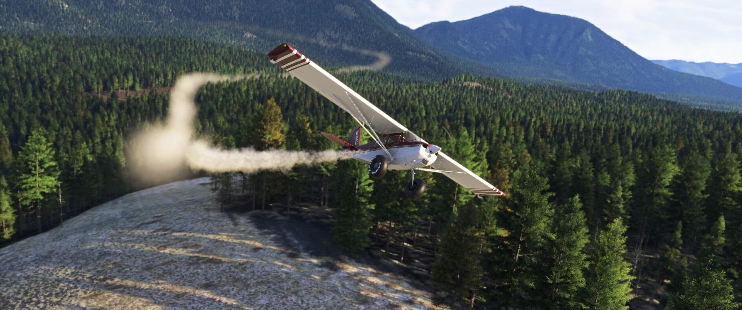 A high wing Cessna with smoke trail pluming behind flies over a forest
