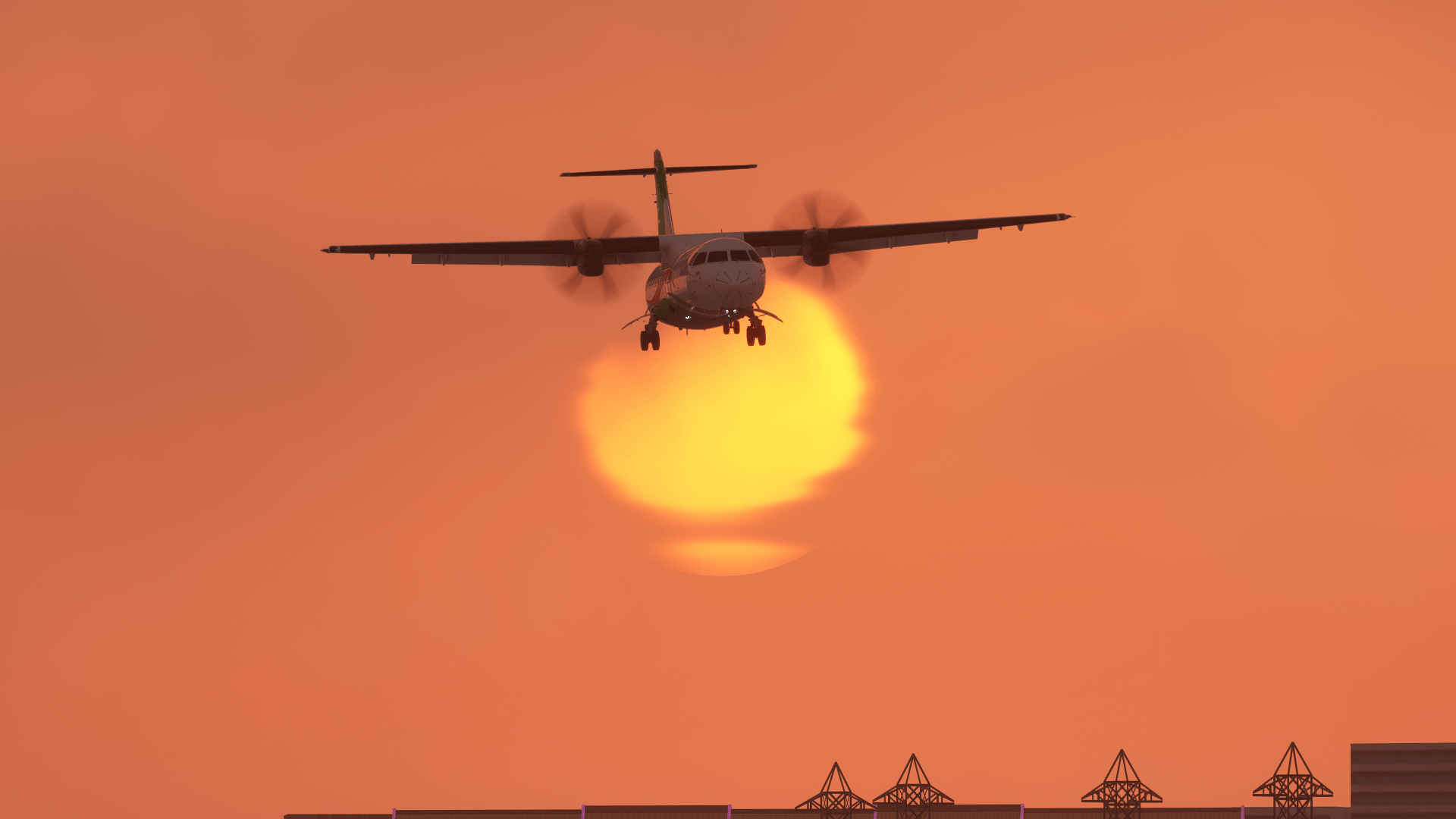 An ATR approaches for landing, silhouetted by the sun behind