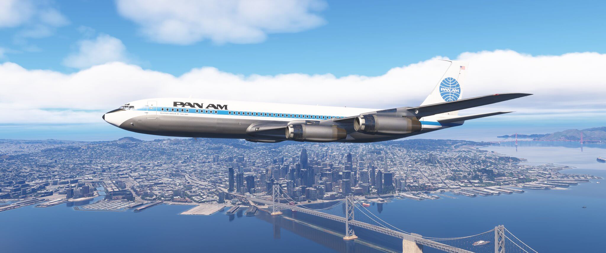 A Panam Boeing 707 flying over a city