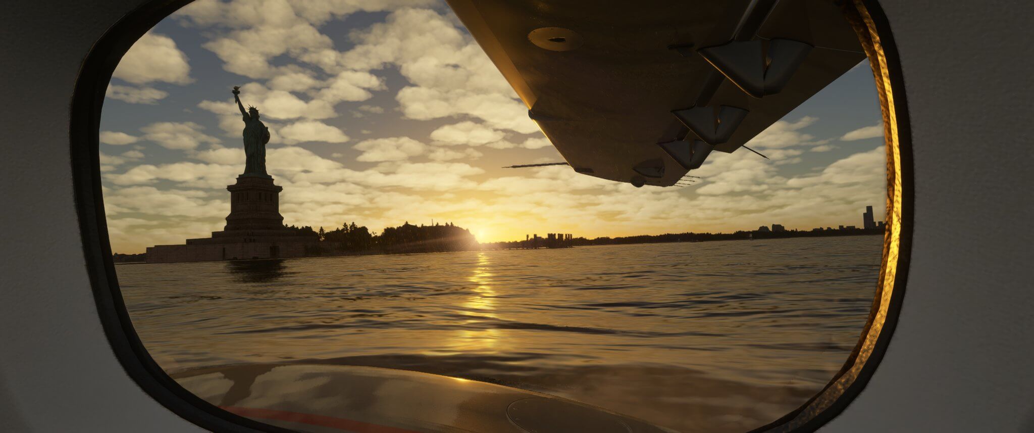 The view from the cabin of an aircraft on water next to the Statue of Liberty, New York